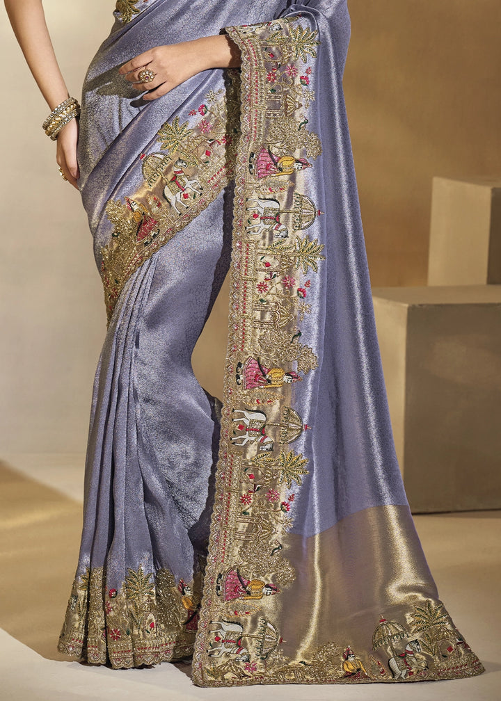 Purple Lilac Blush Kanjivaram Silk Saree with Intricate Thread, Cut-Dana and Zari Embroidery
