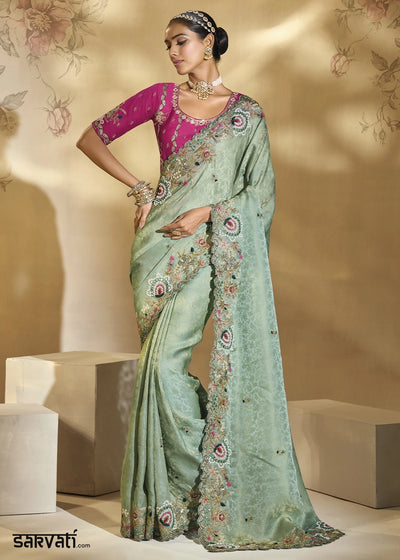 Celadon Green Kanjivaram Silk Saree with Intricate Thread, Cut-Dana and Zari Embroidery