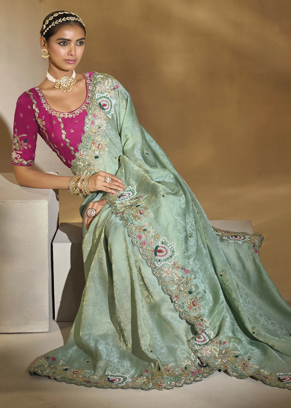 Celadon Green Kanjivaram Silk Saree with Intricate Thread, Cut-Dana and Zari Embroidery