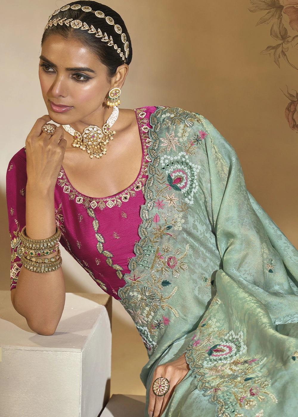 Celadon Green Kanjivaram Silk Saree with Intricate Thread, Cut-Dana and Zari Embroidery