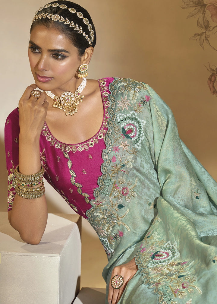 Celadon Green Kanjivaram Silk Saree with Intricate Thread, Cut-Dana and Zari Embroidery