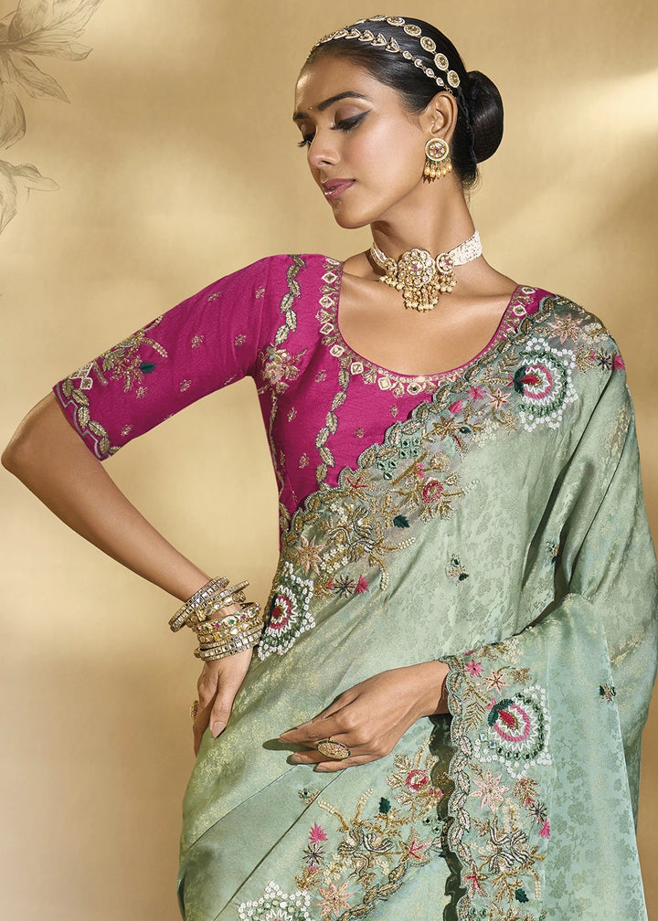 Celadon Green Kanjivaram Silk Saree with Intricate Thread, Cut-Dana and Zari Embroidery