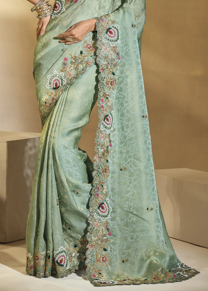 Celadon Green Kanjivaram Silk Saree with Intricate Thread, Cut-Dana and Zari Embroidery