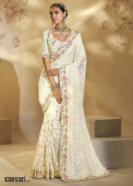 Parchment White Georgette Saree with Lucknowi, Cut-Dana and Moti work