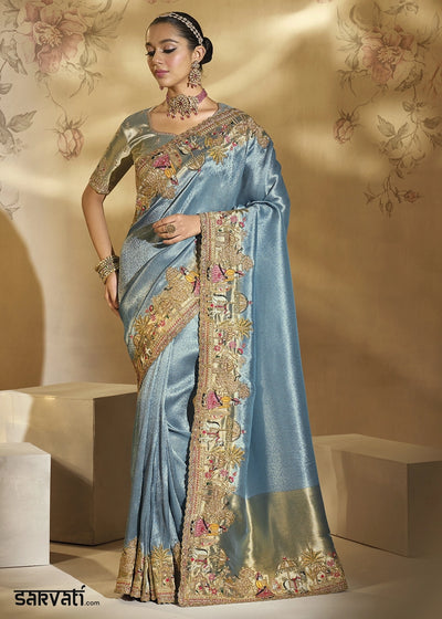 Koi Blue Kanjivaram Silk Saree with Intricate Thread, Cut-Dana and Zari Embroidery
