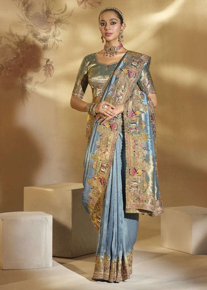 Koi Blue Kanjivaram Silk Saree with Intricate Thread, Cut-Dana and Zari Embroidery