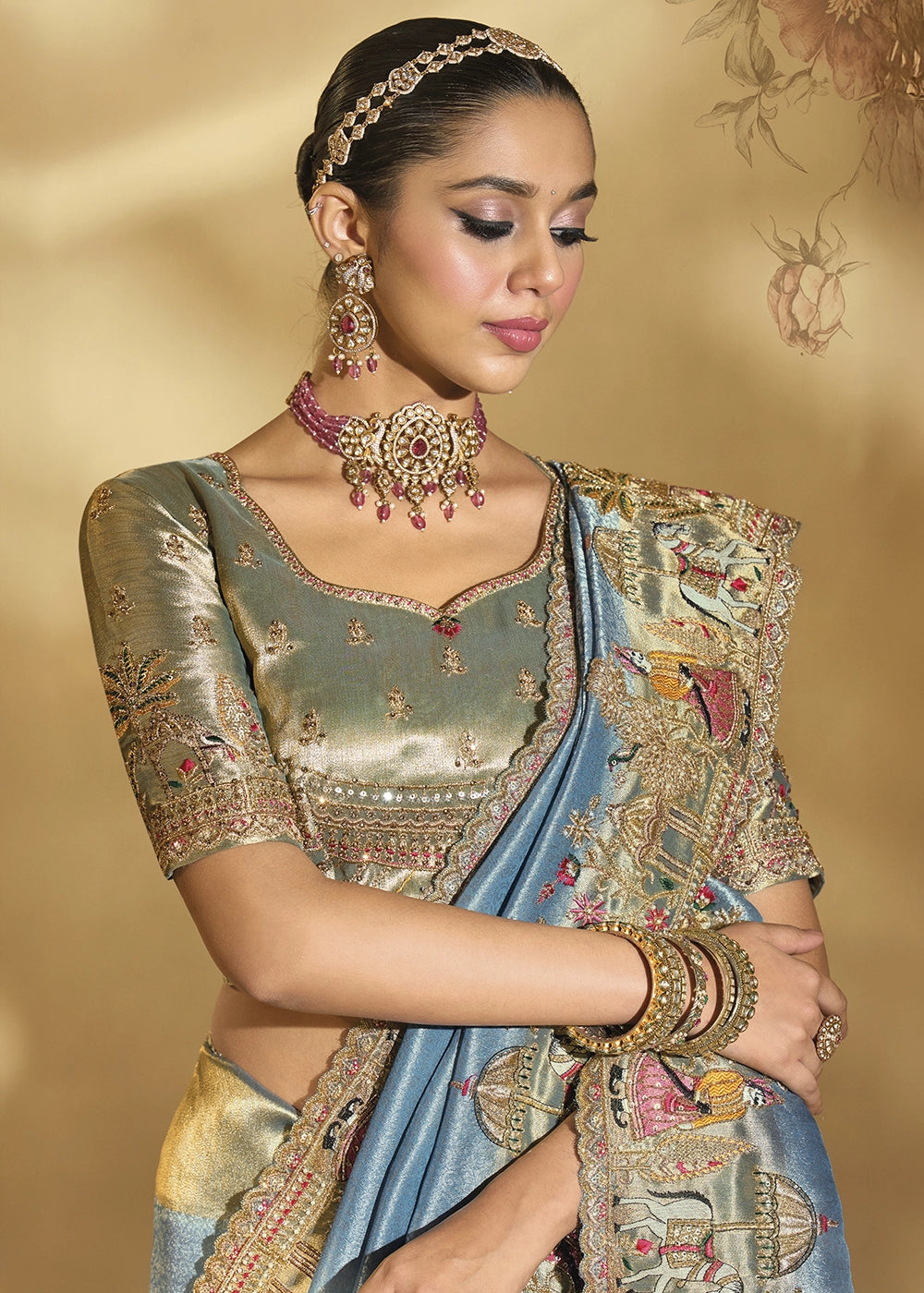 Koi Blue Kanjivaram Silk Saree with Intricate Thread, Cut-Dana and Zari Embroidery