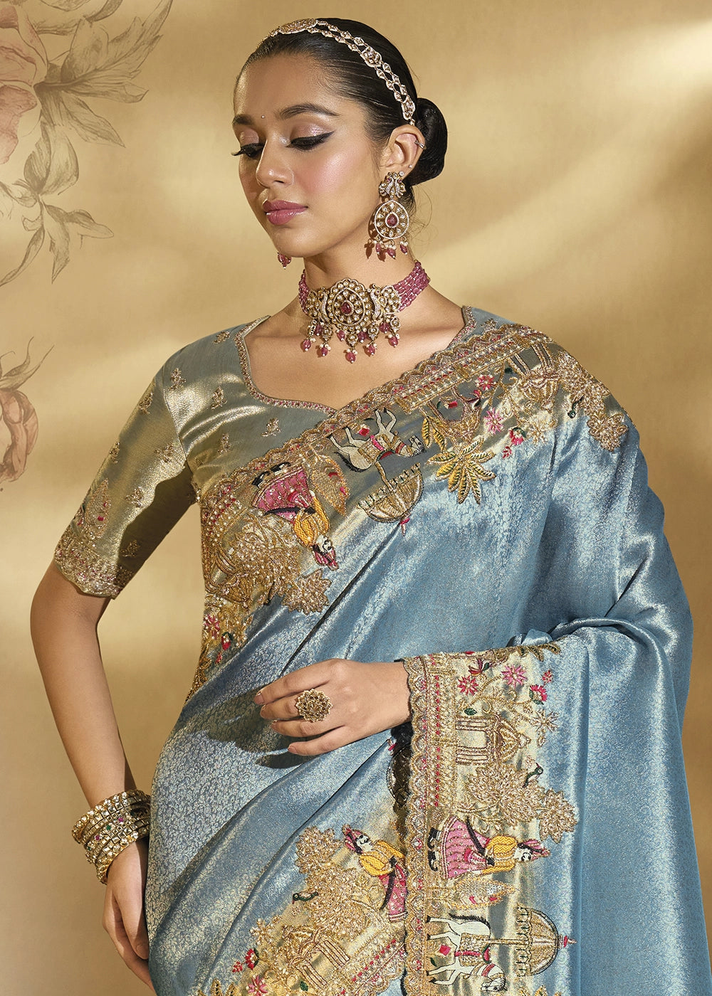 Koi Blue Kanjivaram Silk Saree with Intricate Thread, Cut-Dana and Zari Embroidery