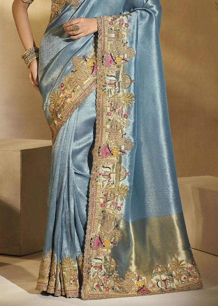 Koi Blue Kanjivaram Silk Saree with Intricate Thread, Cut-Dana and Zari Embroidery