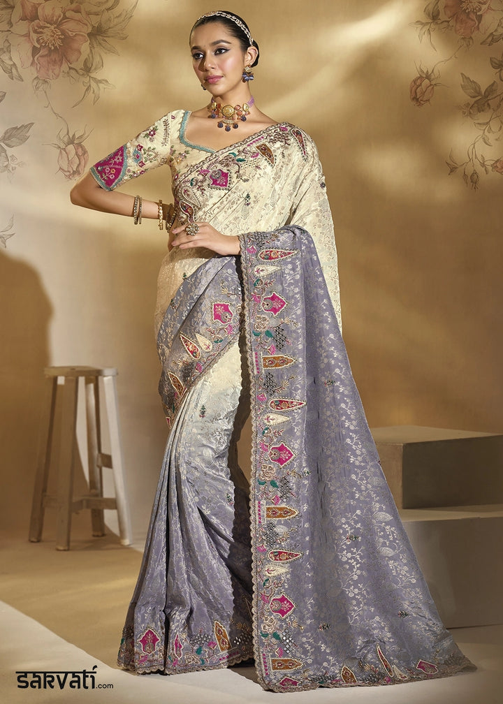 Cream & Grey Crepe Saree with Intricate Thread, Cut-Dana and Moti work
