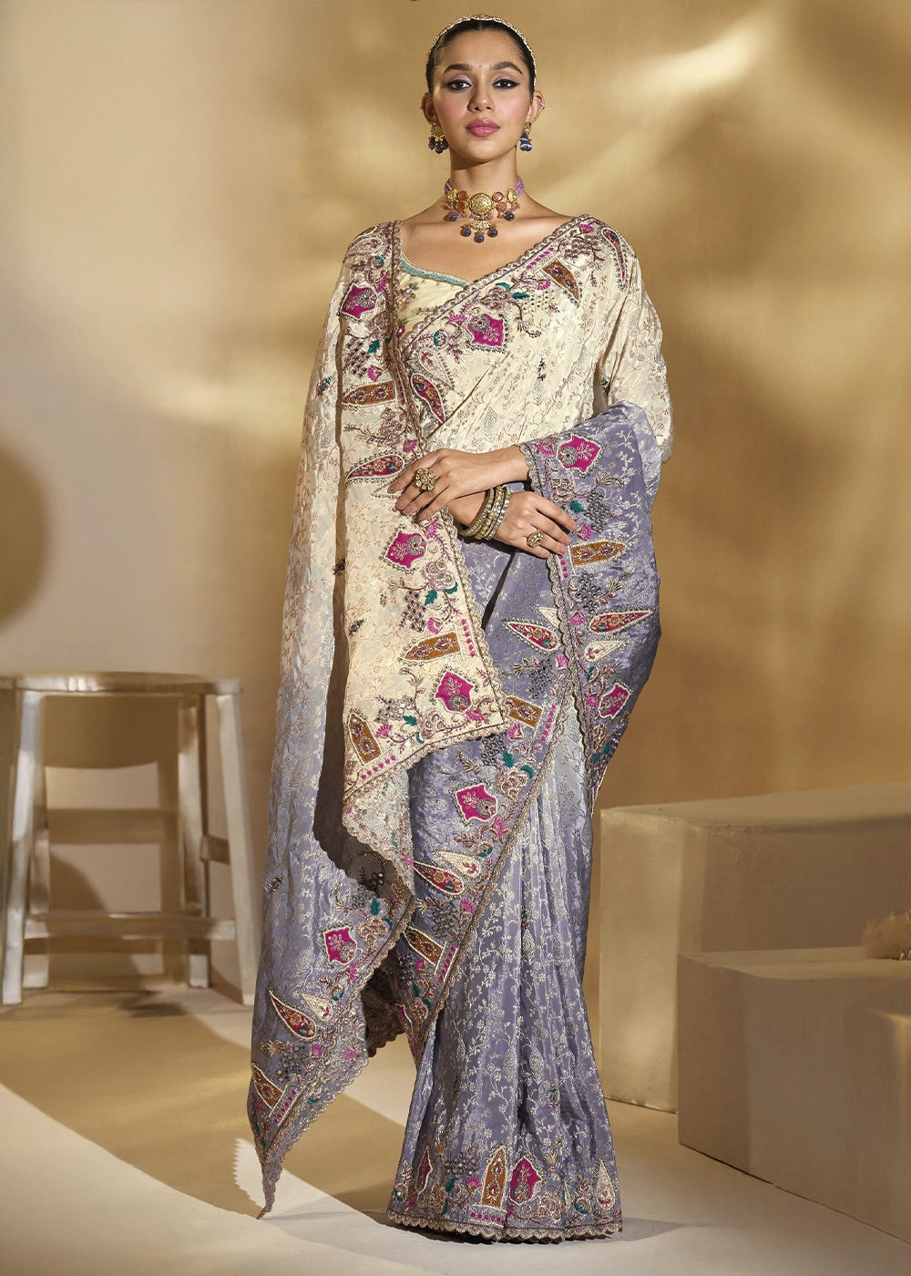 Cream & Grey Crepe Saree with Intricate Thread, Cut-Dana and Moti work
