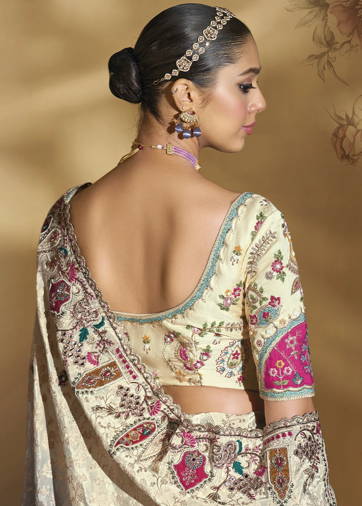 Cream & Grey Crepe Saree with Intricate Thread, Cut-Dana and Moti work