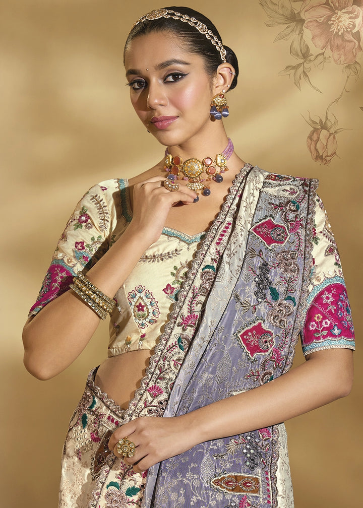 Cream & Grey Crepe Saree with Intricate Thread, Cut-Dana and Moti work