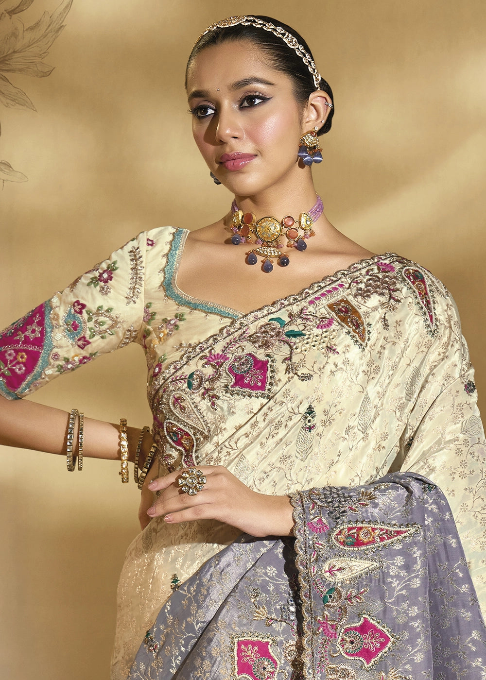 Cream & Grey Crepe Saree with Intricate Thread, Cut-Dana and Moti work