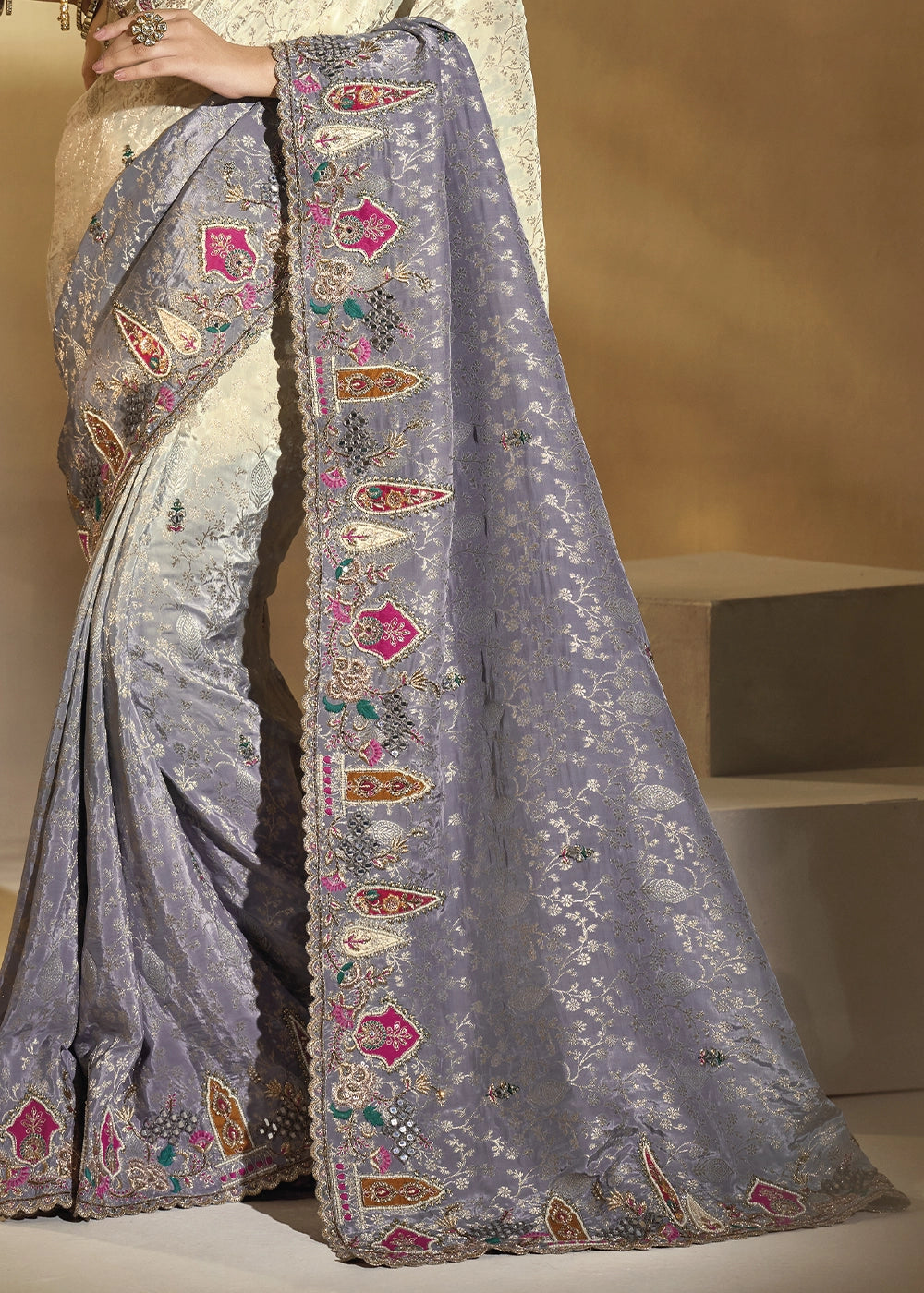 Cream & Grey Crepe Saree with Intricate Thread, Cut-Dana and Moti work