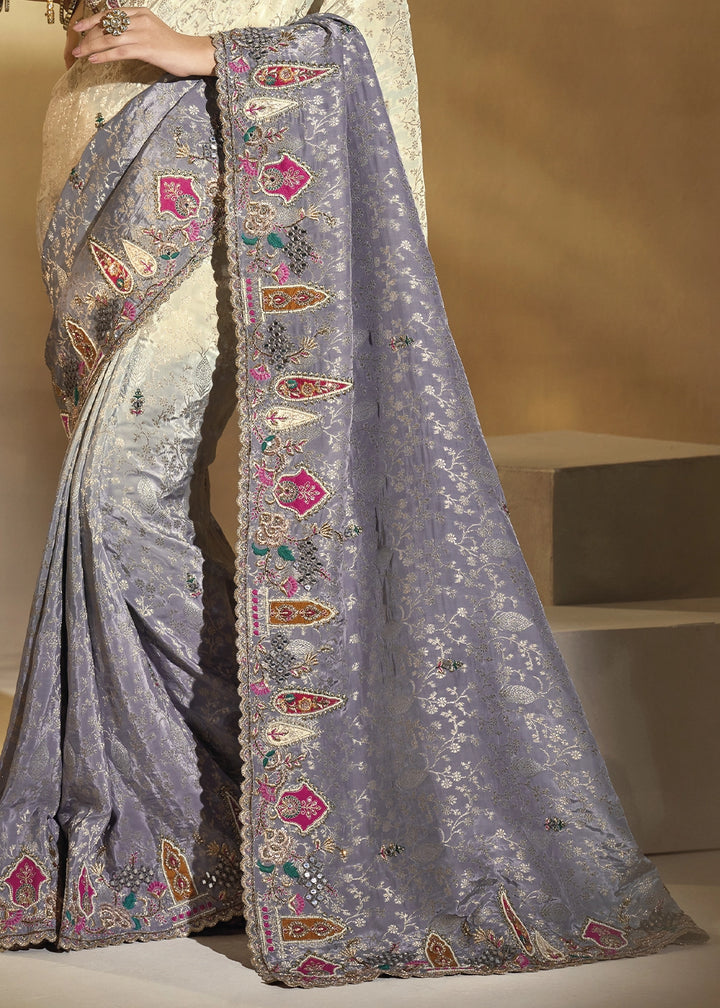 Cream & Grey Crepe Saree with Intricate Thread, Cut-Dana and Moti work