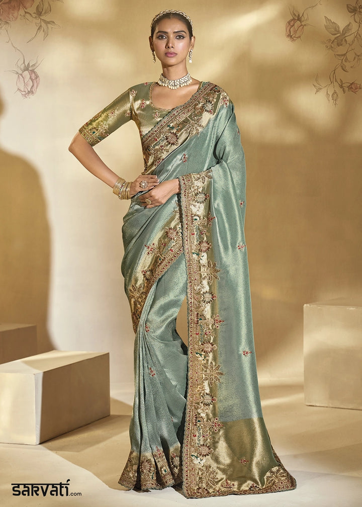 Lucite Green Kanjivaram Silk Saree with Intricate Zardosi, Cut-Dana and Moti work