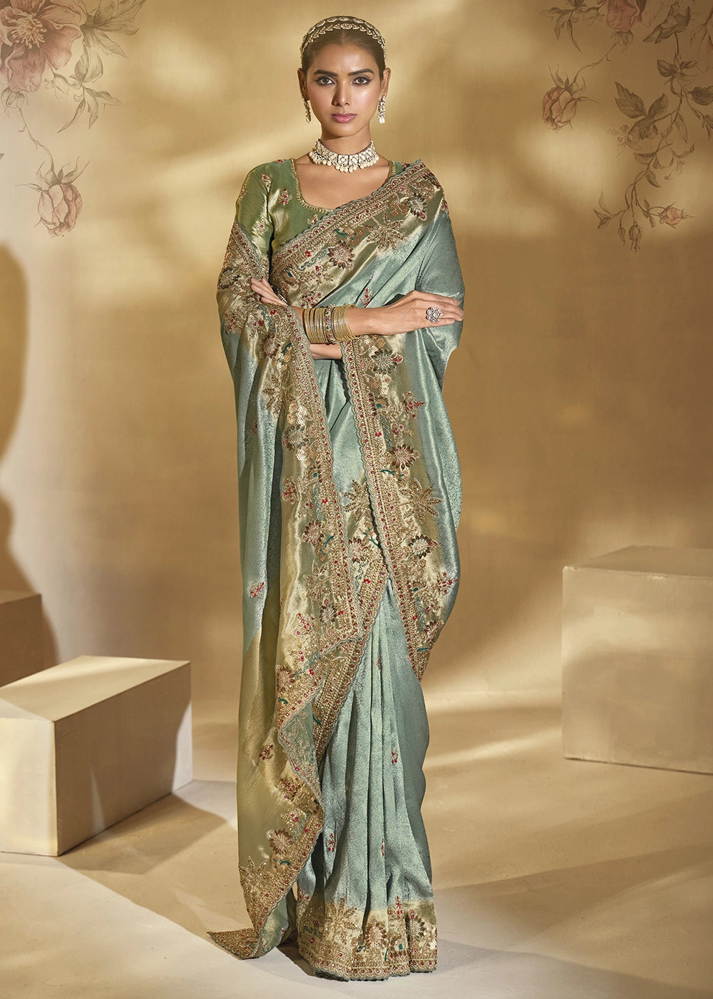 Lucite Green Kanjivaram Silk Saree with Intricate Zardosi, Cut-Dana and Moti work