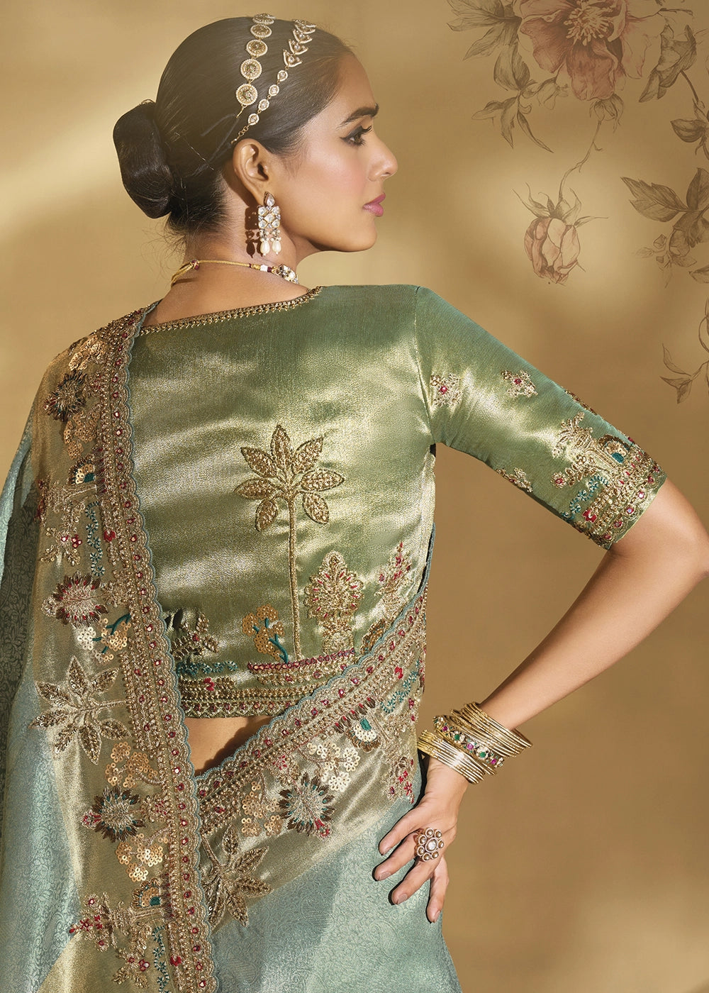 Lucite Green Kanjivaram Silk Saree with Intricate Zardosi, Cut-Dana and Moti work