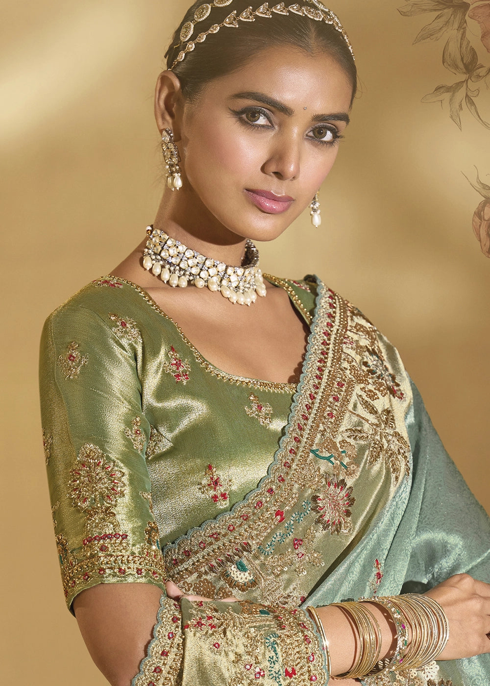 Lucite Green Kanjivaram Silk Saree with Intricate Zardosi, Cut-Dana and Moti work