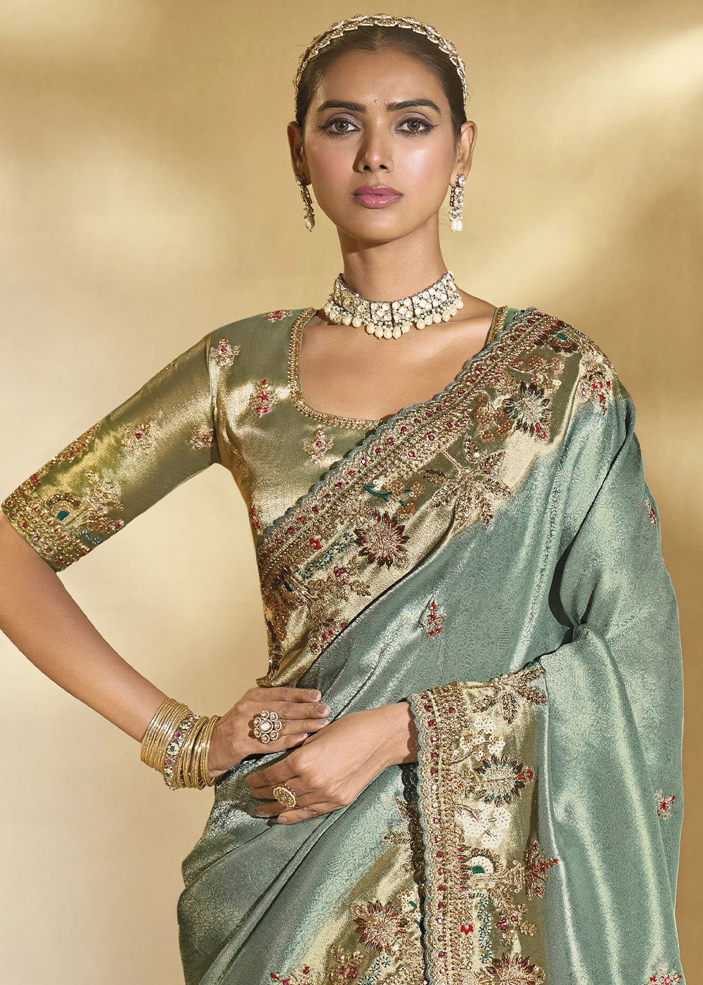 Lucite Green Kanjivaram Silk Saree with Intricate Zardosi, Cut-Dana and Moti work