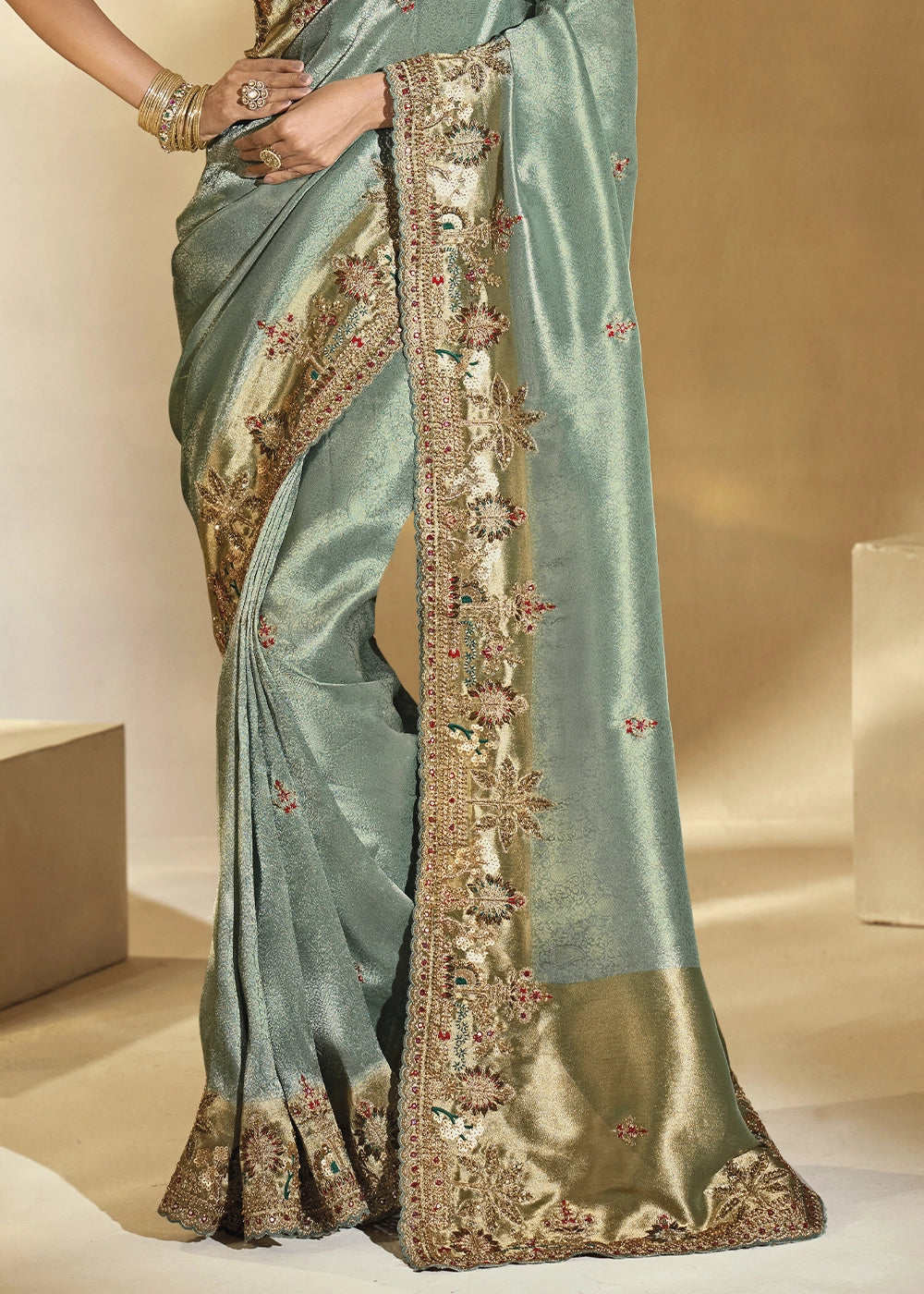 Lucite Green Kanjivaram Silk Saree with Intricate Zardosi, Cut-Dana and Moti work