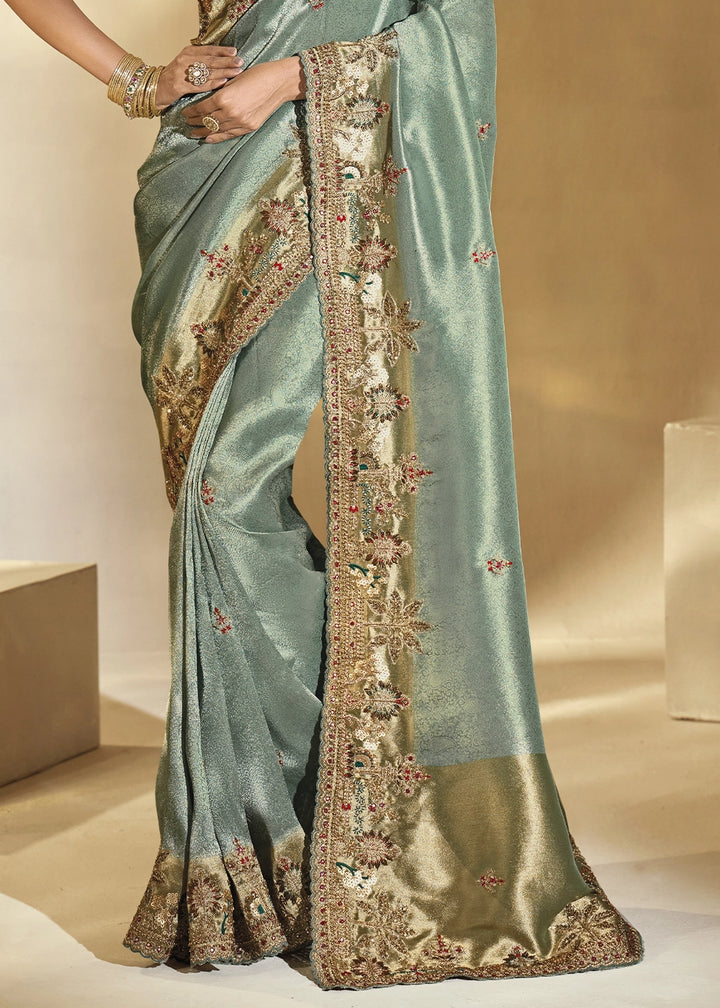 Lucite Green Kanjivaram Silk Saree with Intricate Zardosi, Cut-Dana and Moti work
