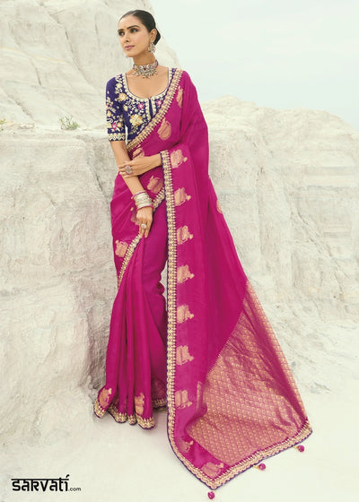 Hot Pink Organza Viscose Saree with Intricate Coding Border and Embroidered Blouse