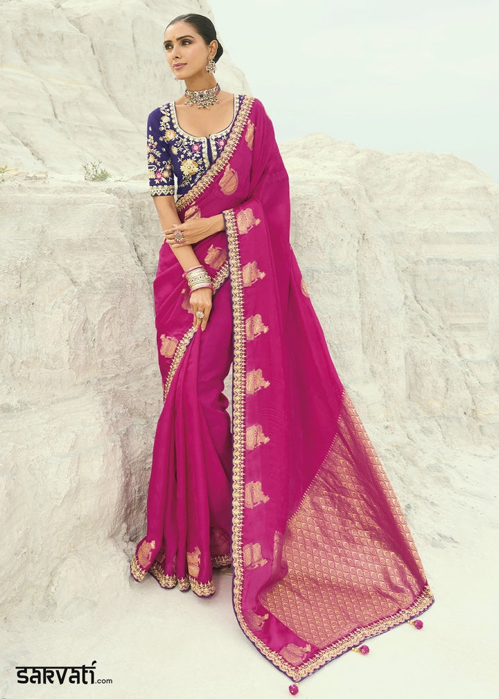 Hot Pink Organza Viscose Saree with Intricate Coding Border and Embroidered Blouse