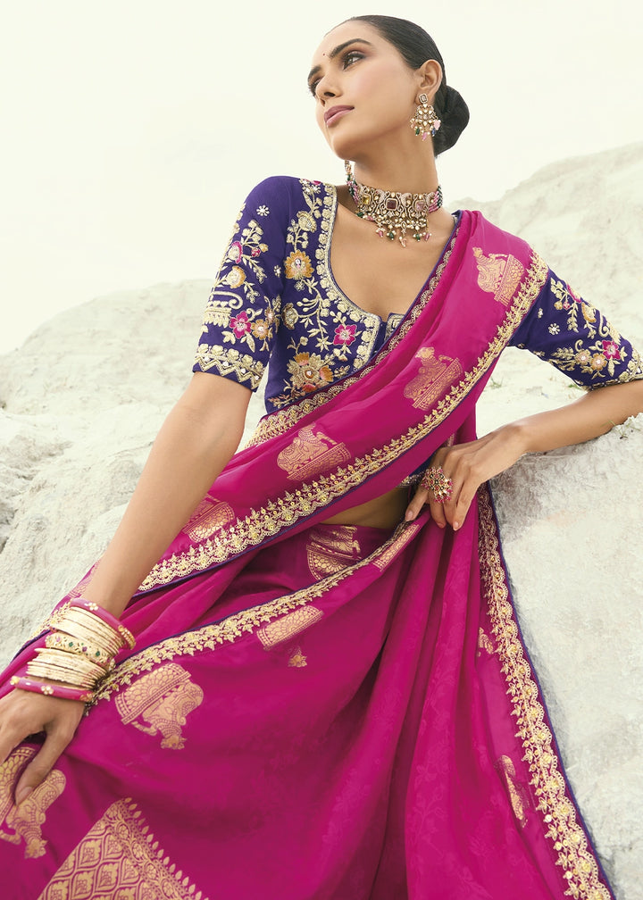 Hot Pink Organza Viscose Saree with Intricate Coding Border and Embroidered Blouse
