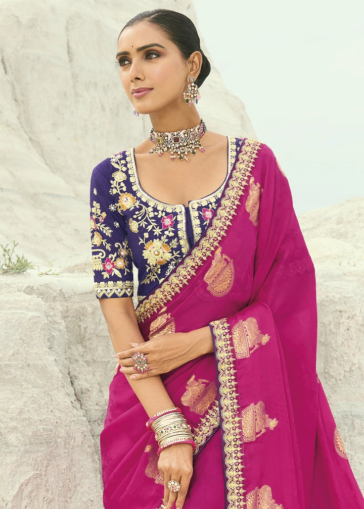 Hot Pink Organza Viscose Saree with Intricate Coding Border and Embroidered Blouse