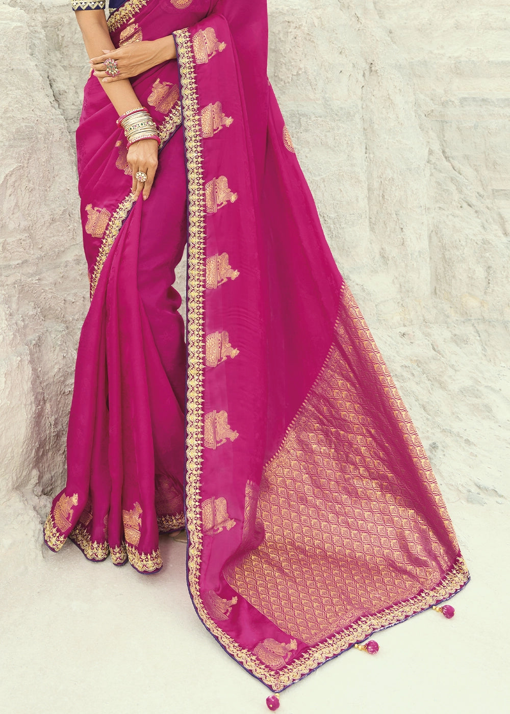 Hot Pink Organza Viscose Saree with Intricate Coding Border and Embroidered Blouse