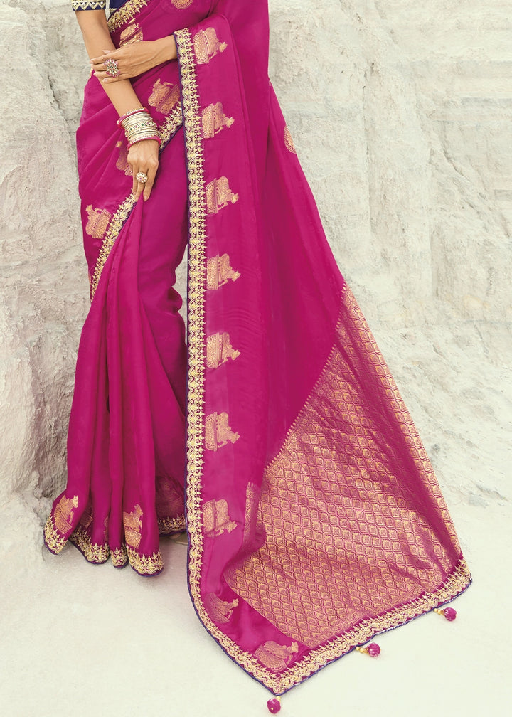 Hot Pink Organza Viscose Saree with Intricate Coding Border and Embroidered Blouse