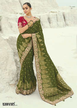 Crocodile Green Dola Viscose Saree Featuring Zari, Moti and Cut-Dana Embroidery