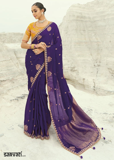 Raisin Purple Organza Viscose Saree with Intricate Coding Border and Embroidered Blouse