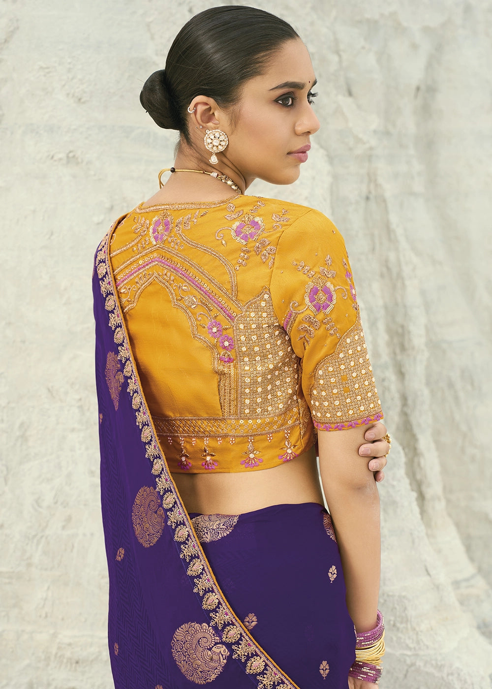 Raisin Purple Organza Viscose Saree with Intricate Coding Border and Embroidered Blouse