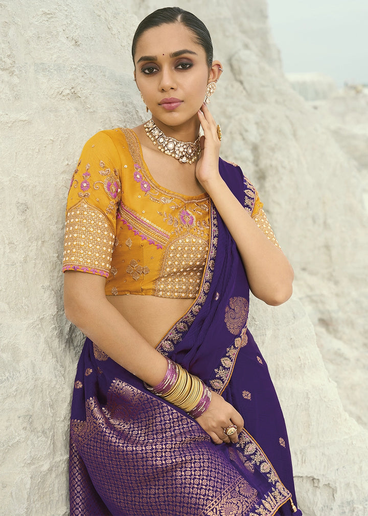 Raisin Purple Organza Viscose Saree with Intricate Coding Border and Embroidered Blouse