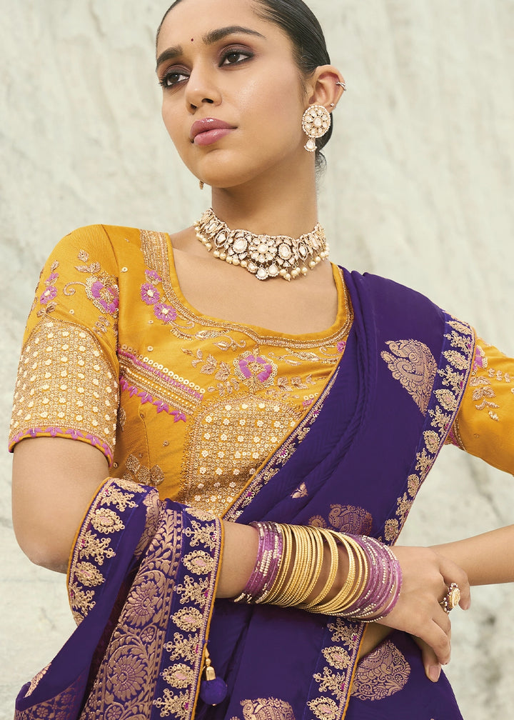 Raisin Purple Organza Viscose Saree with Intricate Coding Border and Embroidered Blouse