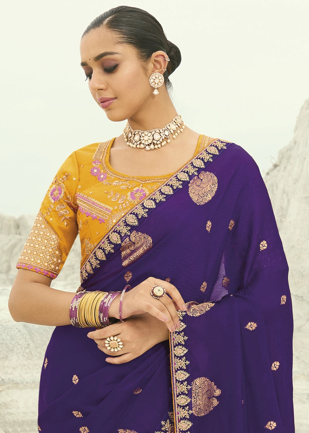 Raisin Purple Organza Viscose Saree with Intricate Coding Border and Embroidered Blouse