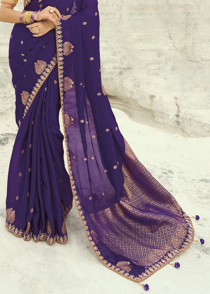 Raisin Purple Organza Viscose Saree with Intricate Coding Border and Embroidered Blouse