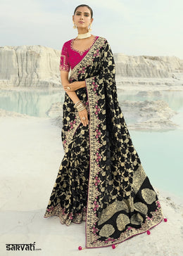 Onyx Black Dola Viscose Saree Featuring Zari, Moti and Cut-Dana Embroidery