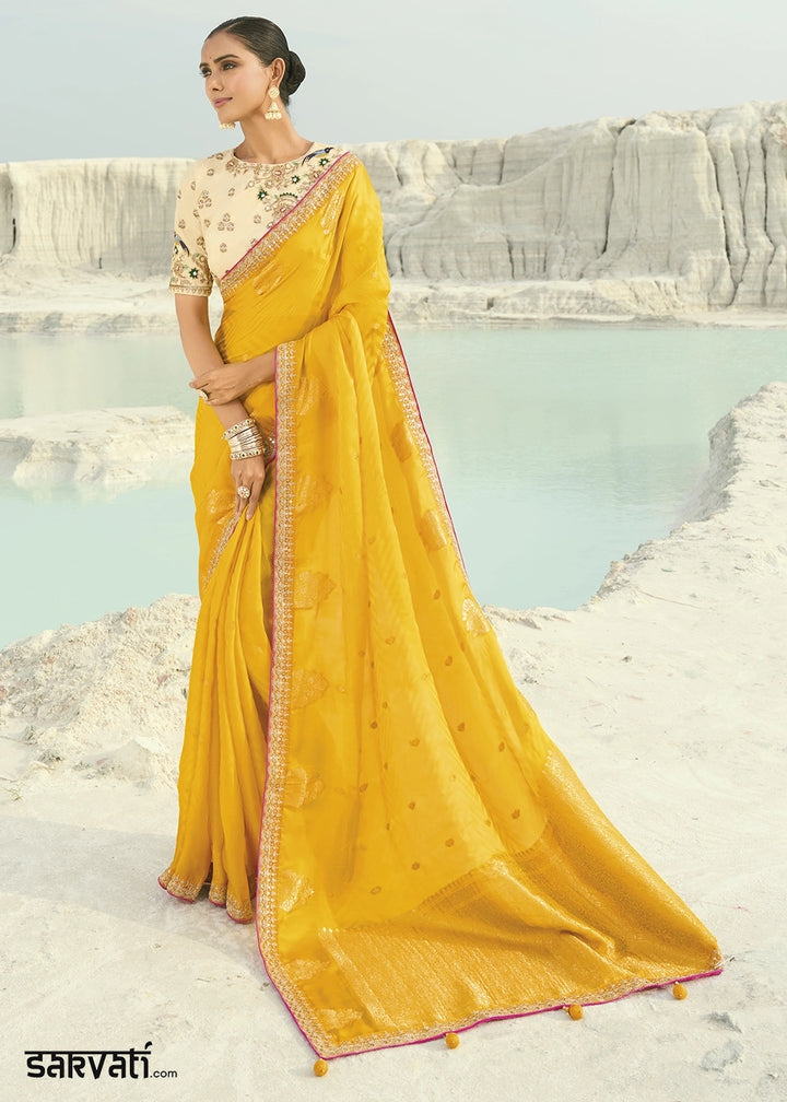 Aureolin Yellow Organza Viscose Saree with Intricate Coding Border and Embroidered Blouse