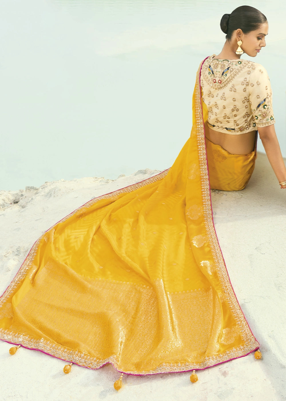Aureolin Yellow Organza Viscose Saree with Intricate Coding Border and Embroidered Blouse