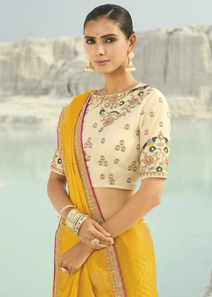 Aureolin Yellow Organza Viscose Saree with Intricate Coding Border and Embroidered Blouse