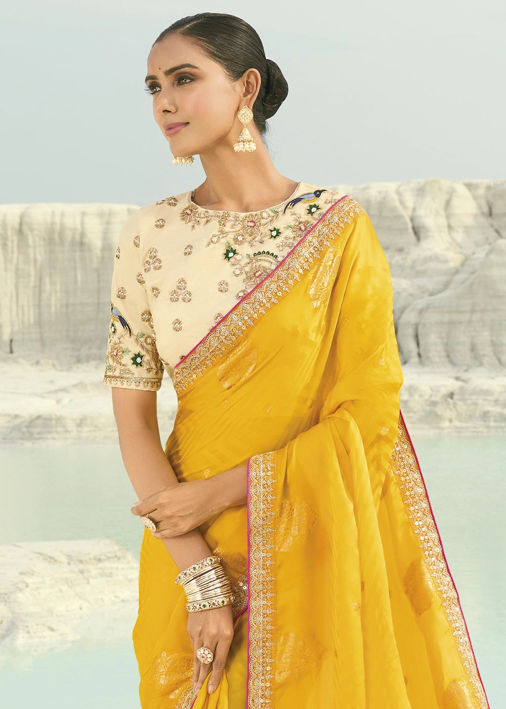 Aureolin Yellow Organza Viscose Saree with Intricate Coding Border and Embroidered Blouse