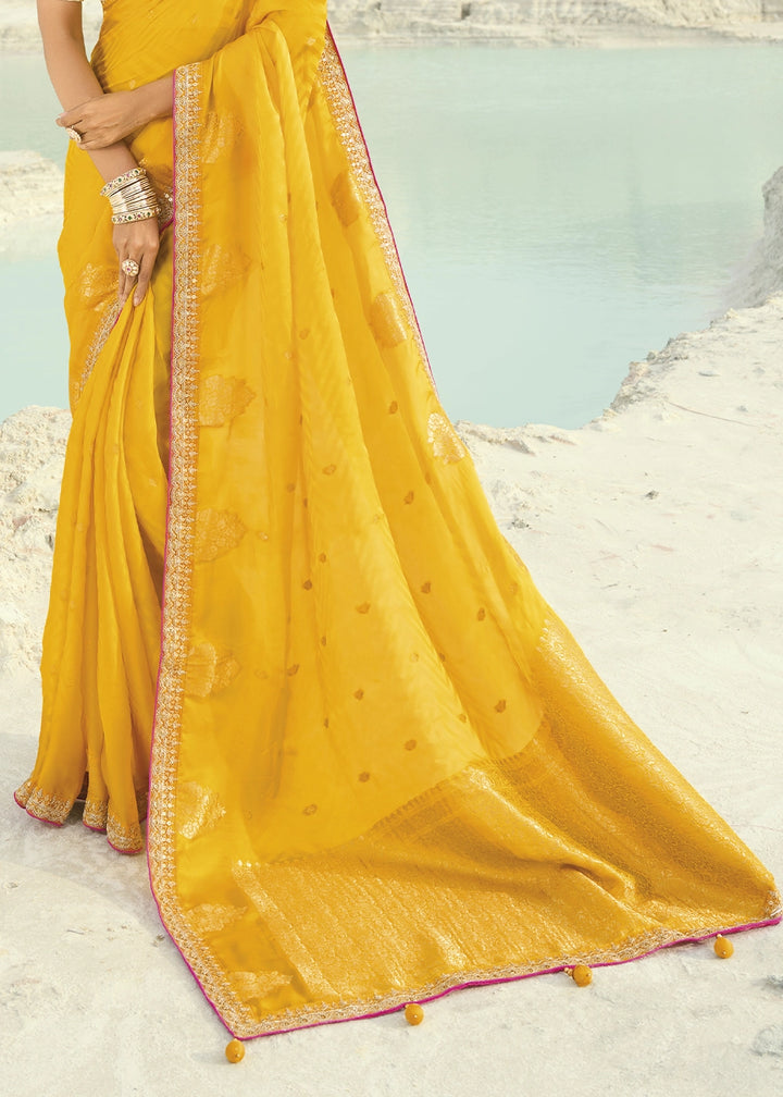 Aureolin Yellow Organza Viscose Saree with Intricate Coding Border and Embroidered Blouse