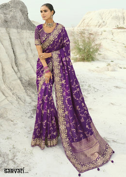 Eggplant Purple Dola Viscose Saree Featuring Zari, Moti and Cut-Dana Embroidery