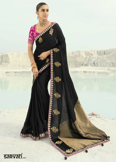 Pebble Black Organza Viscose Saree with Intricate Coding Border and Embroidered Blouse