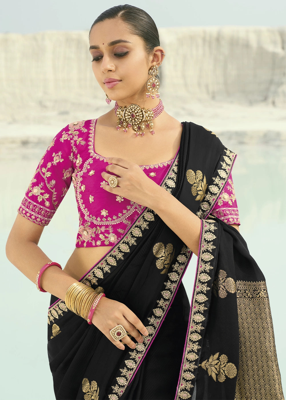 Pebble Black Organza Viscose Saree with Intricate Coding Border and Embroidered Blouse