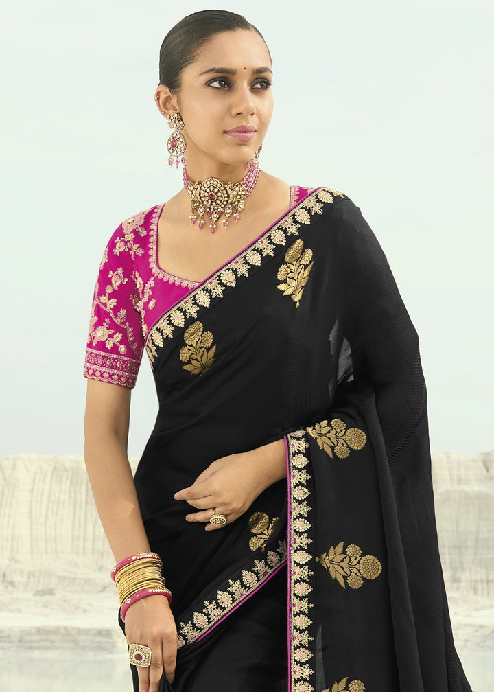 Pebble Black Organza Viscose Saree with Intricate Coding Border and Embroidered Blouse